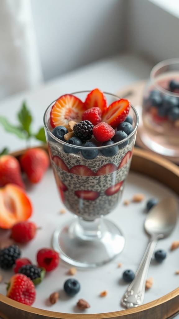 A glass of berry chia seed pudding topped with strawberries, raspberries, blueberries, and blackberries, surrounded by fresh berries and a spoon.