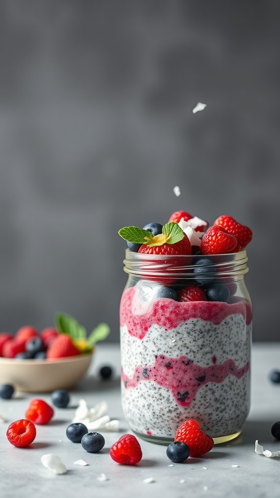A jar of berry coconut chia pudding topped with raspberries, blueberries, and mint leaves.