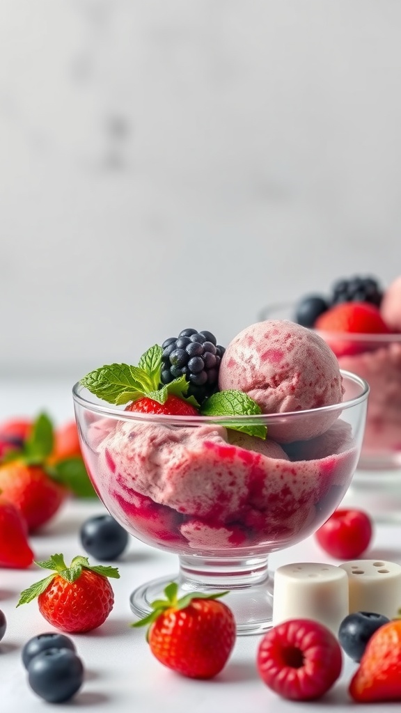 A bowl of berry Greek yogurt sorbet topped with fresh berries and mint leaves, surrounded by more berries.
