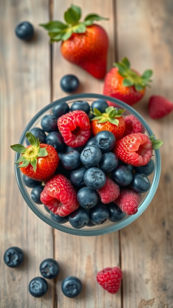 A bowl filled with a medley of strawberries, blueberries, and raspberries on a wooden surface.