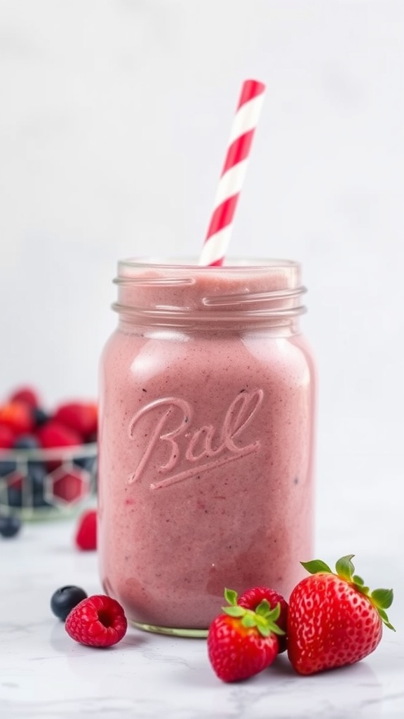 A berry protein smoothie in a jar with a striped straw, surrounded by fresh strawberries and blueberries.