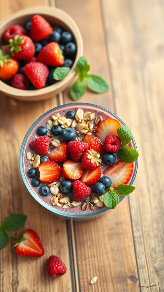 A colorful berry smoothie bowl topped with fresh berries, nuts, and mint leaves.