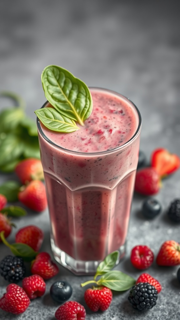 A refreshing berry spinach protein shake topped with fresh basil leaves, surrounded by various berries.