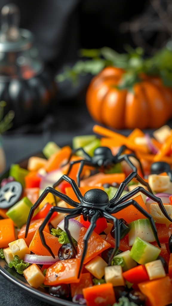 A plate of colorful salad with black olive spiders on top, set against a Halloween backdrop.