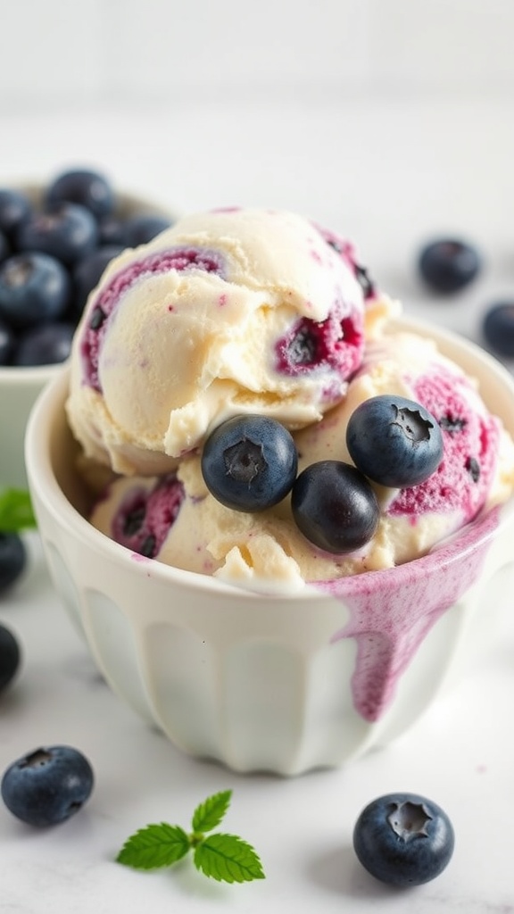 A bowl of blueberry cheesecake ice cream topped with fresh blueberries and mint leaves.