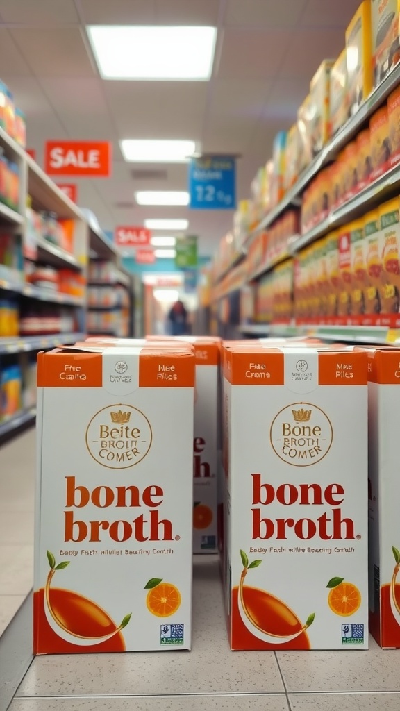 Bone broth boxes on a supermarket shelf