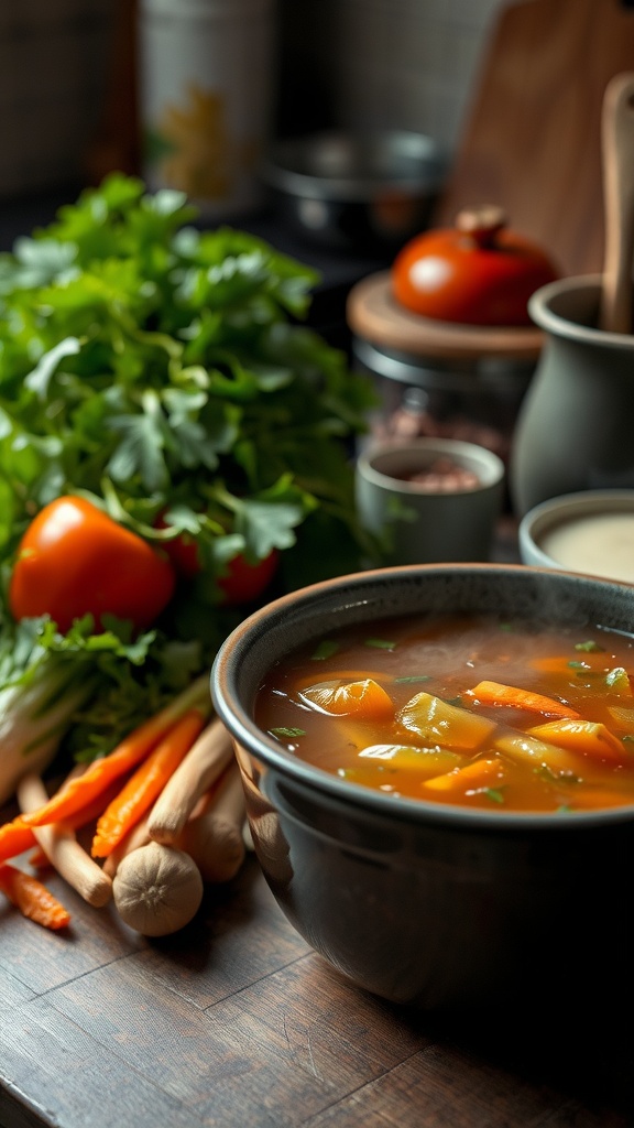 A steaming bowl of bone broth with colorful vegetables and fresh herbs in a cozy kitchen setting