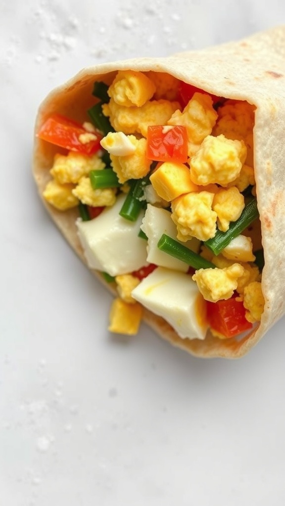 A delicious breakfast burrito filled with scrambled eggs, cheese, and chopped vegetables.