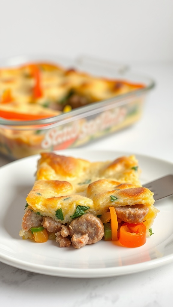 A slice of breakfast casserole with sausage and peppers on a plate, with the casserole dish in the background.