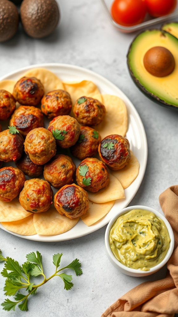 A platter of golden-brown breakfast meatballs served with avocado dip, garnished with fresh cilantro.