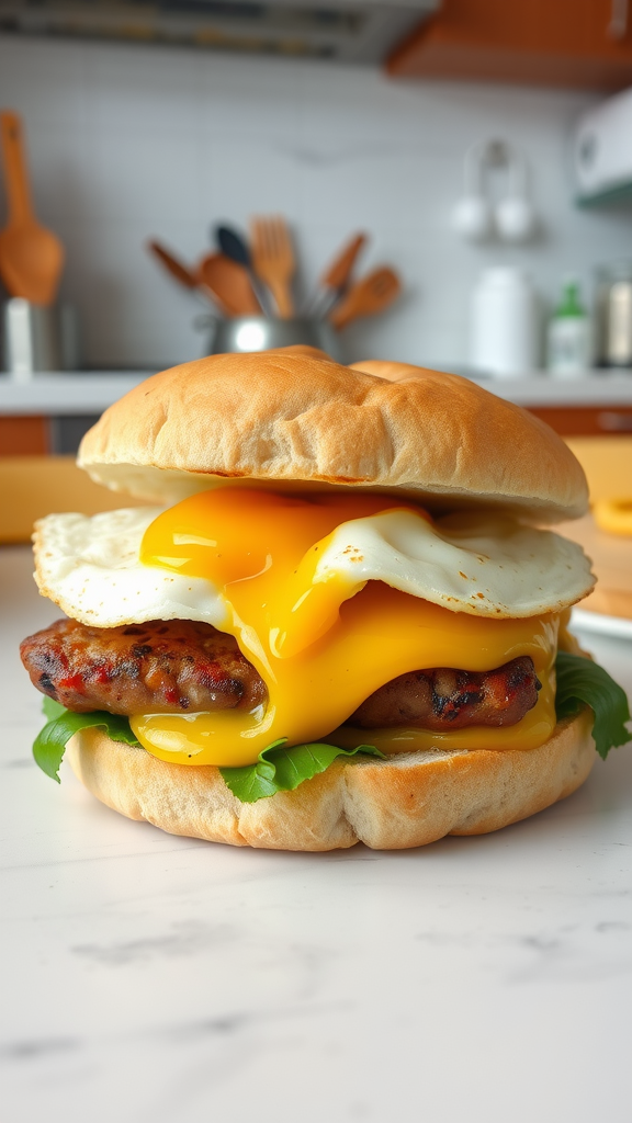 Breakfast sandwich featuring egg and sausage on a countertop.