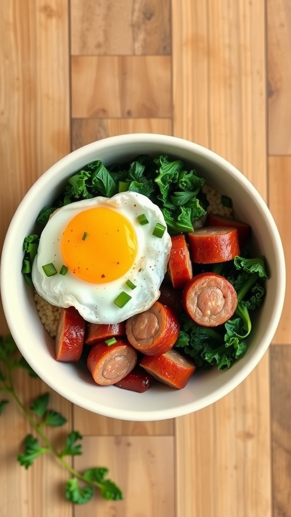 A breakfast bowl featuring sliced sausage, kale, and a sunny side up egg.