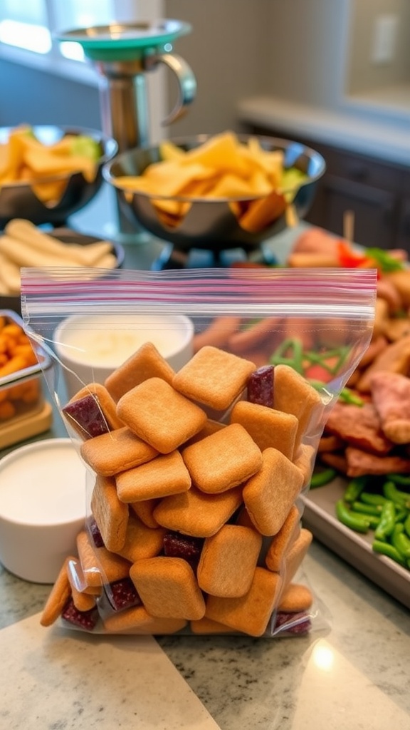 A bag of keto-friendly snacks in front of a colorful buffet spread.