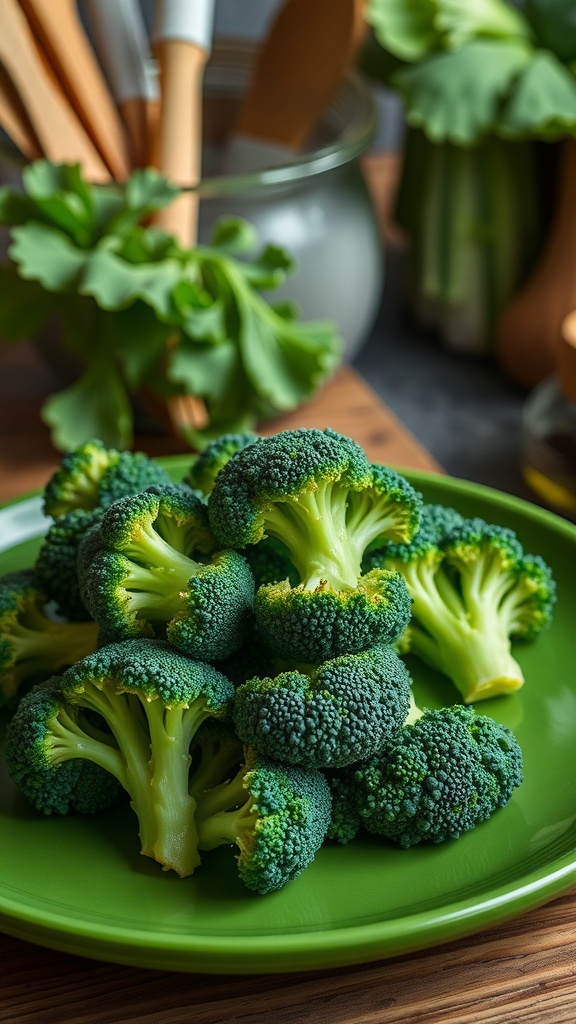 Fresh broccoli on a green plate, ready for cooking or eating.