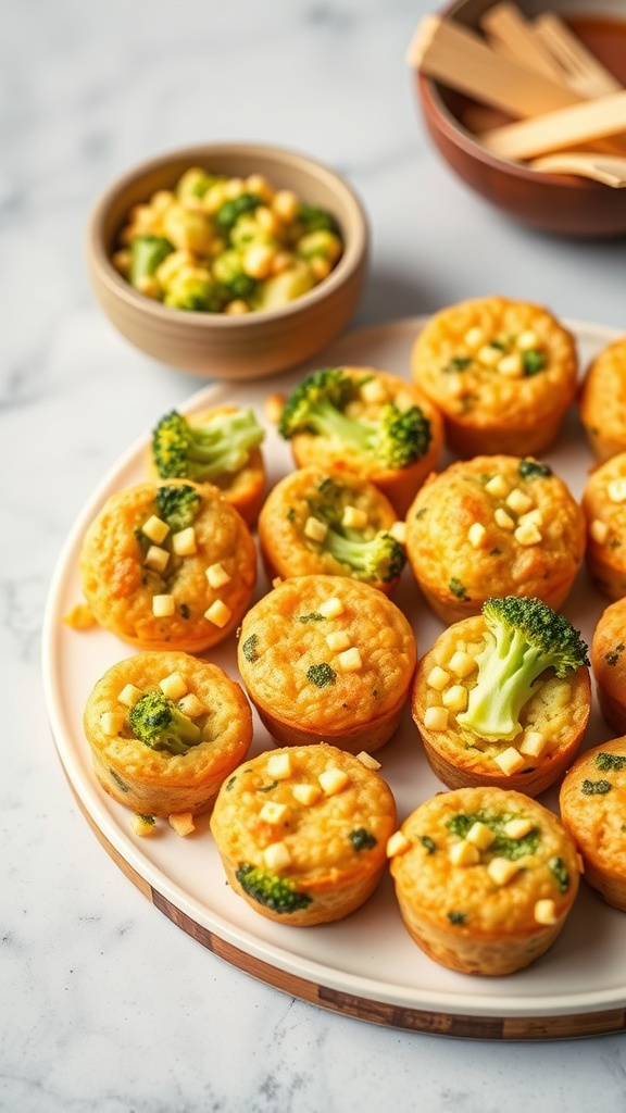 A plate of broccoli and cheddar breakfast bites, with some bites topped with small broccoli florets.