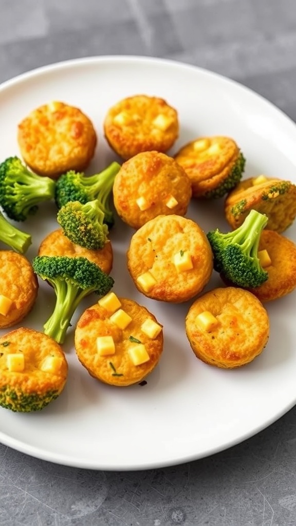 A plate of broccoli and cheddar cheese bites with fresh broccoli on the side.