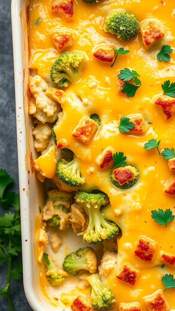 A delicious broccoli and cheddar cheese casserole with a golden cheesy top.