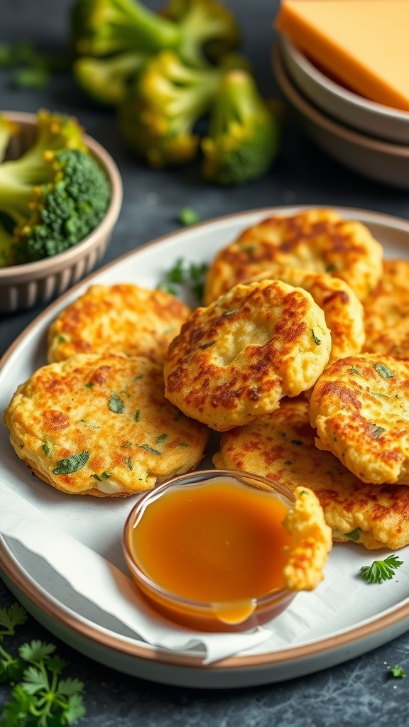 A plate of golden broccoli and cheddar cheese fritters served with dipping sauce and fresh broccoli.