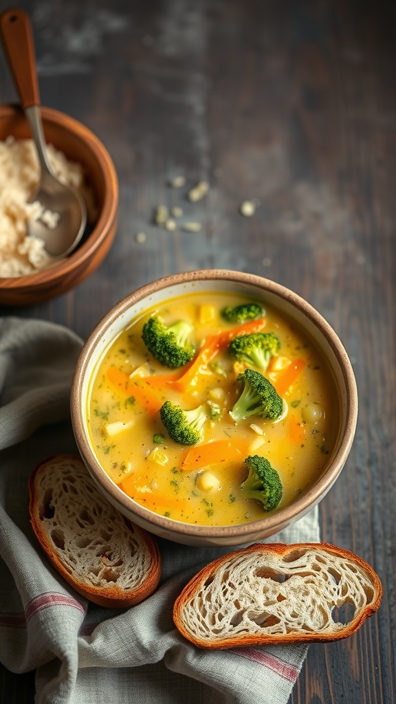 A bowl of broccoli and cheddar soup with slices of bread on the side