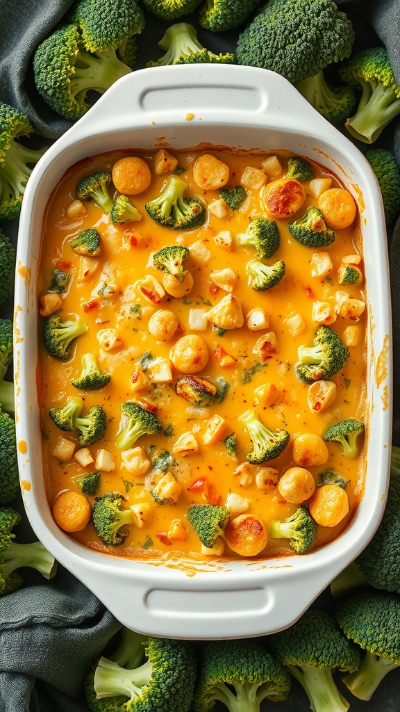 A delicious broccoli and cheese casserole in a white dish, surrounded by fresh broccoli.