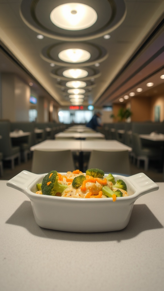 A serving of broccoli and cheese casserole in a white dish placed on a table.