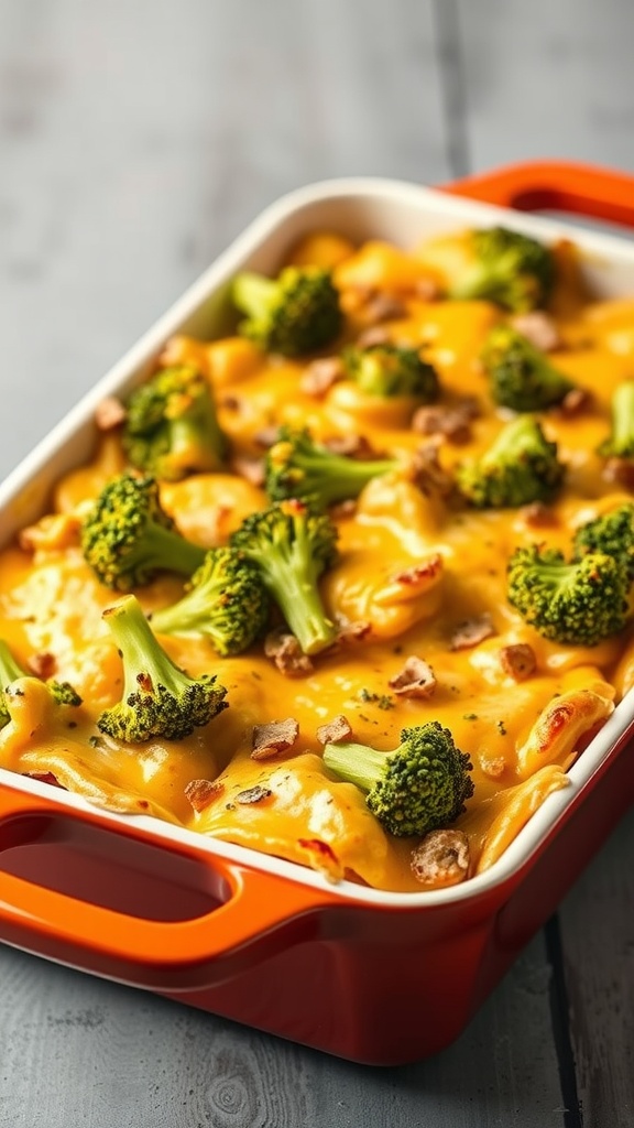 A delicious broccoli and cheese casserole in an orange dish, topped with chunks of broccoli