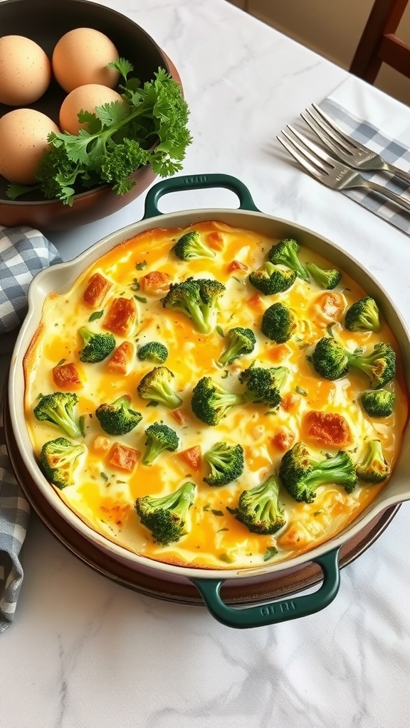 A broccoli and cheese egg bake in a green dish, with fresh eggs and parsley on the side.