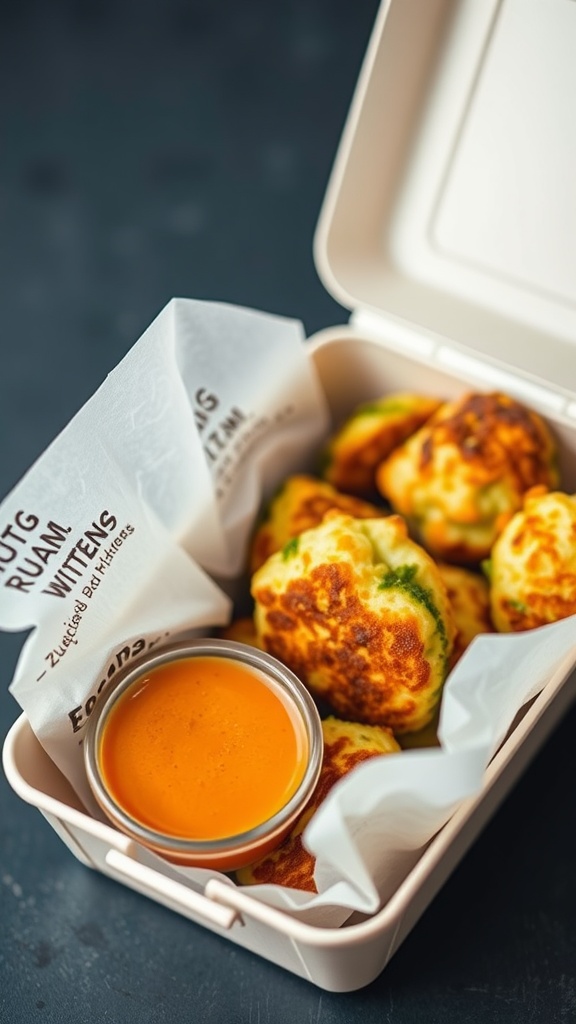 A container filled with broccoli and cheese fritters and a small bowl of dipping sauce.