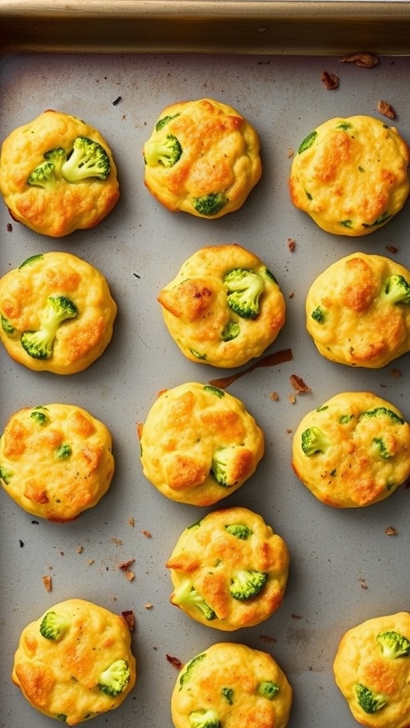 A tray of golden baked broccoli cheddar bites on a baking sheet.