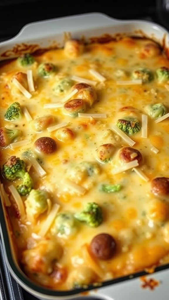 A delicious broccoli cheddar casserole topped with melted cheese and cherry tomatoes, served in a baking dish.