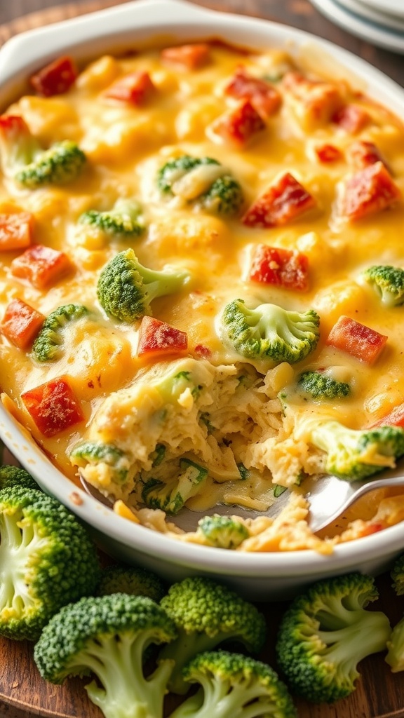 A delicious broccoli cheddar casserole topped with broccoli florets