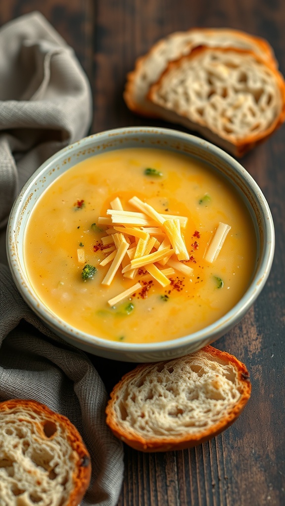 A bowl of creamy broccoli cheddar soup topped with shredded cheese and accompanied by slices of bread.