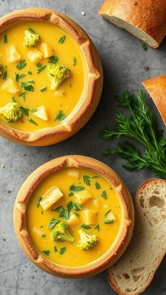 Broccoli cheddar soup in bread bowls with fresh parsley and bread on the side.