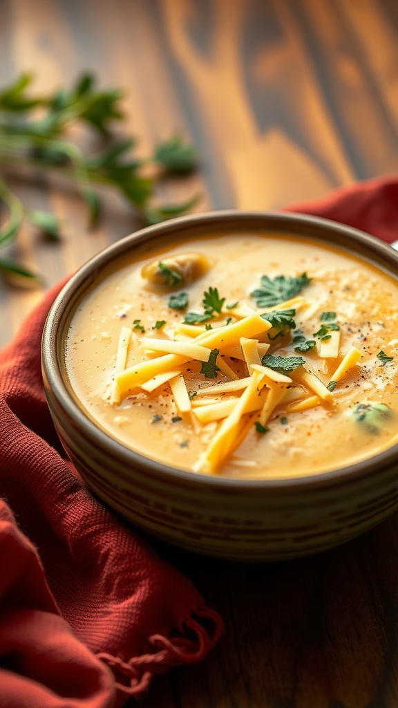 A bowl of broccoli cheese soup topped with shredded cheese and herbs.