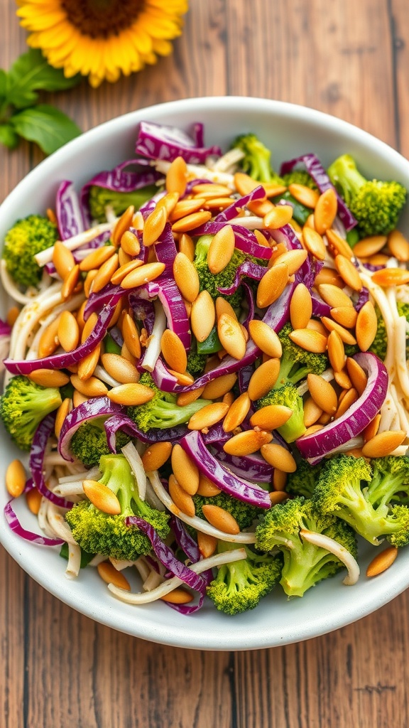 A vibrant bowl of broccoli slaw with red cabbage and sesame seeds.