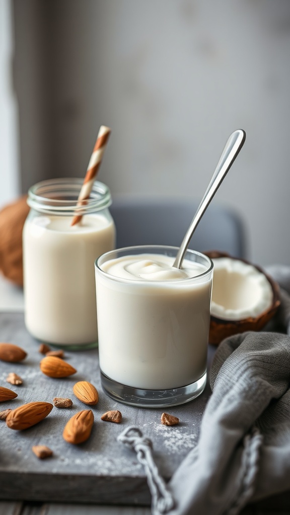 A variety of budget-friendly dairy alternatives on a store shelf, including almond milk and coconut yogurt.