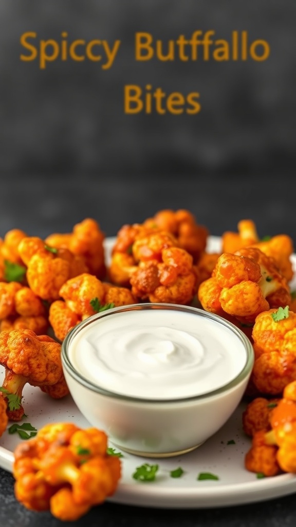 A plate of buffalo cauliflower bites with dipping sauces on a beach picnic blanket