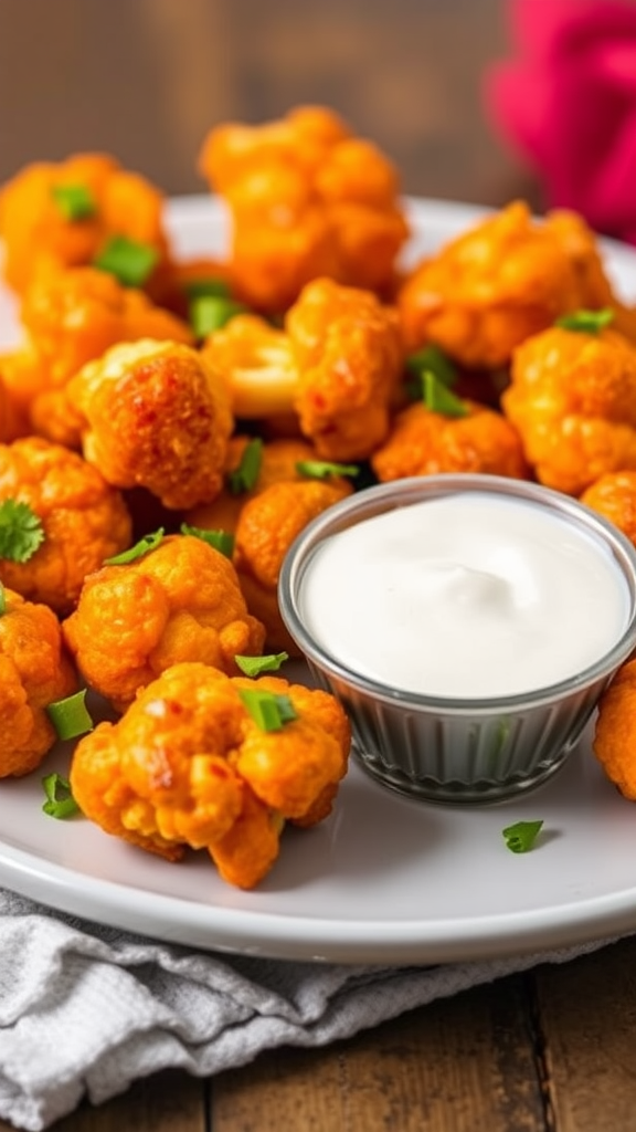 Plate of spicy buffalo cauliflower bites with a bowl of creamy dip.