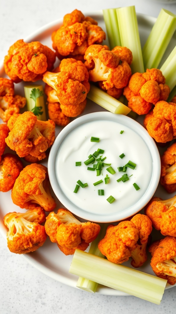 A plate of buffalo cauliflower bites with a small bowl of dipping sauce.