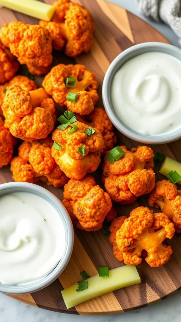 A wooden platter with crispy buffalo cauliflower bites and a small bowl of creamy dipping sauce.