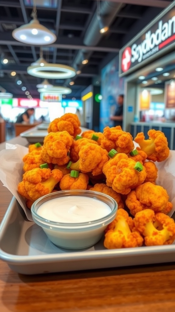 A tray of buffalo cauliflower bites served with ranch dressing