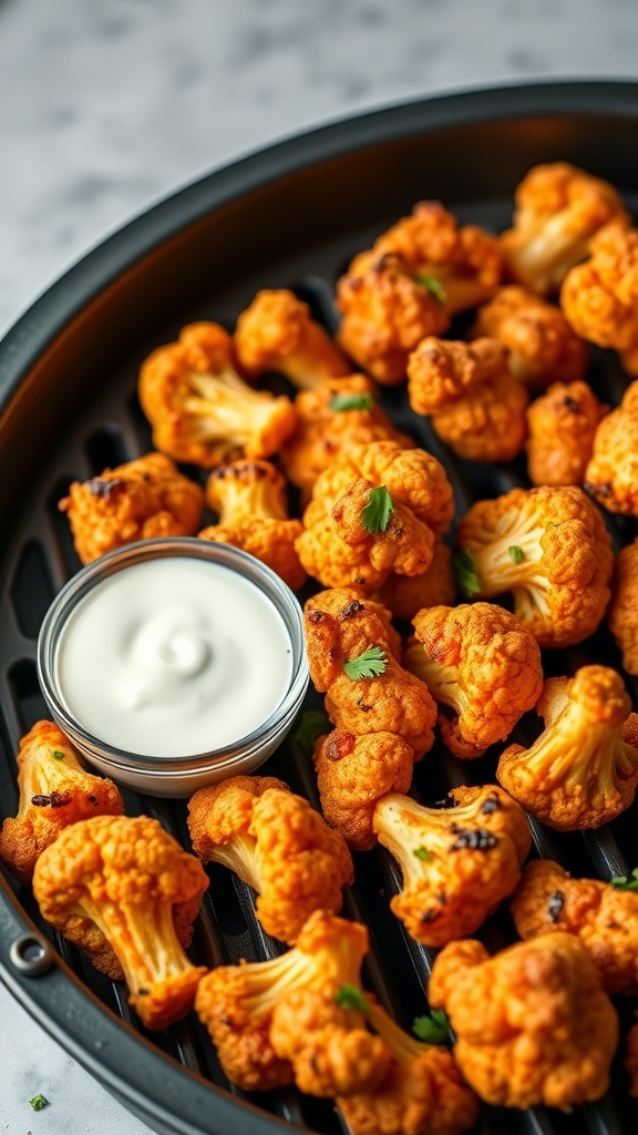 A tray of golden-brown buffalo cauliflower bites with a small bowl of dipping sauce.