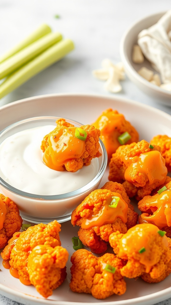 A plate of buffalo cauliflower bites with a side of dipping sauce.