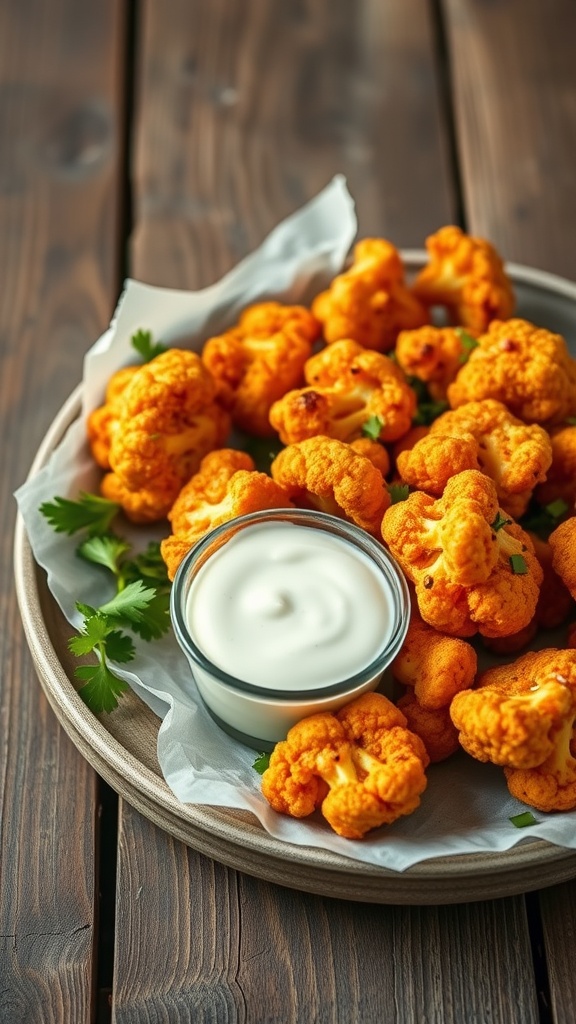 A plate of buffalo cauliflower bites with a side of creamy dipping sauce on a wooden table