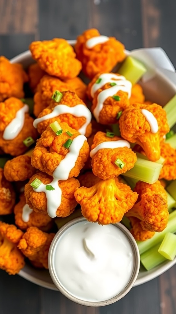 A bowl of Buffalo Cauliflower Bites with celery and dipping sauce.