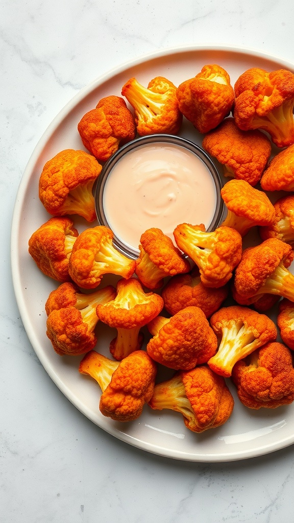 A plate of buffalo cauliflower bites served with dipping sauce.