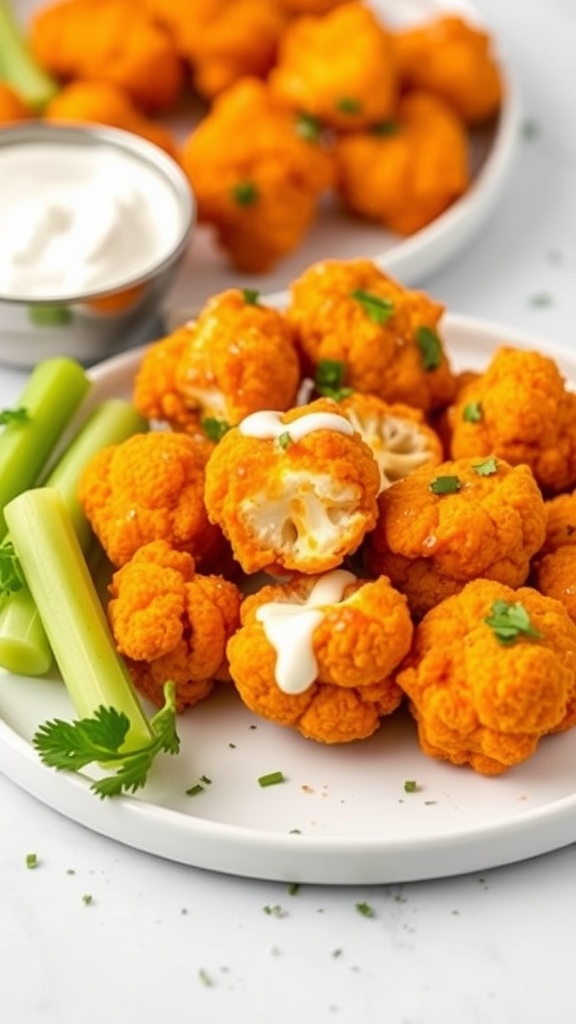 A plate of buffalo cauliflower bites with celery sticks and a small bowl of white dip.