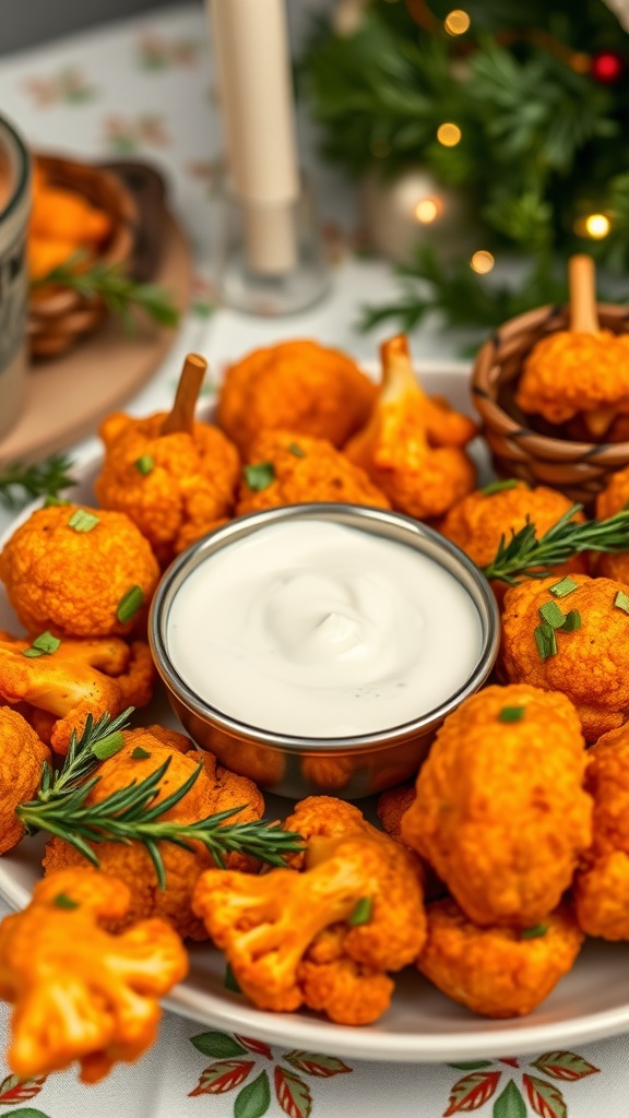 Plate of buffalo cauliflower bites with a dipping sauce