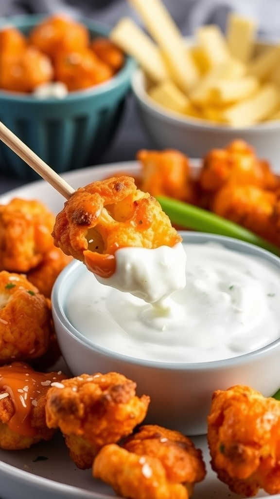 Plate of buffalo cauliflower bites with dipping sauces