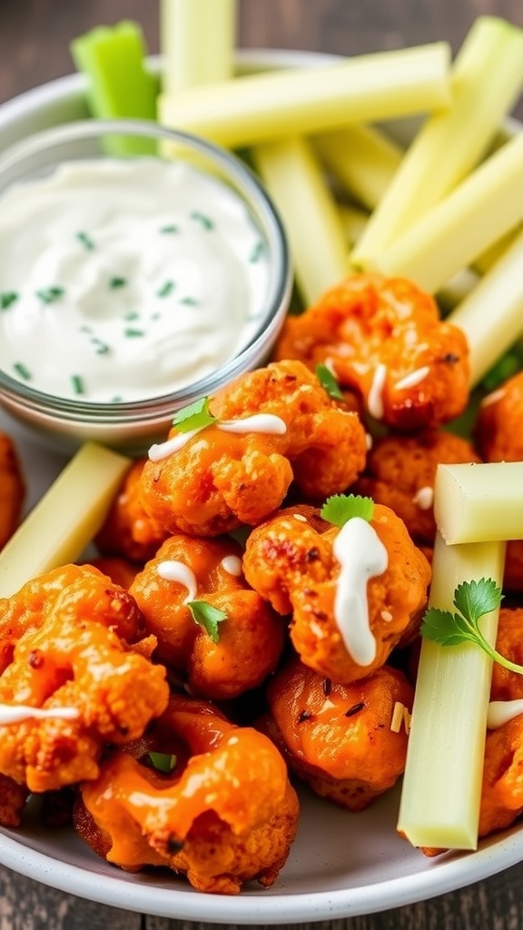 Plate of bright orange buffalo cauliflower bites with celery and dipping sauce